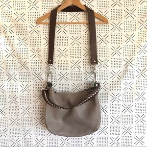 Stud-Accent Taupe Crossbody Bag with Dark Brown Strap